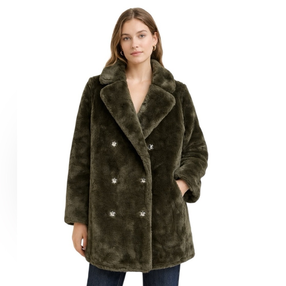 J.Crew - Faux Fur Peacoat Dark Green Cozy Oversized Winter Coat Sz M